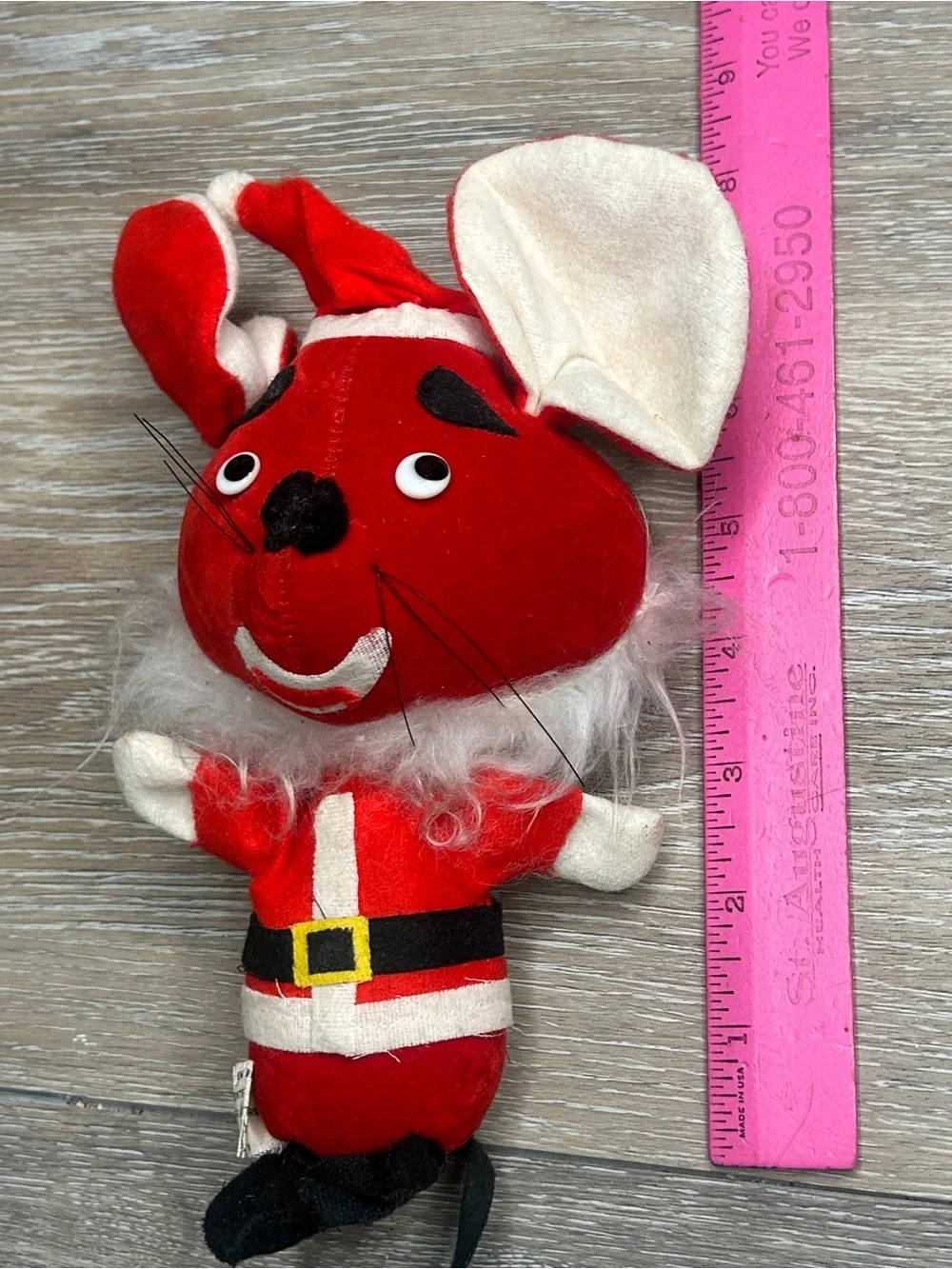 Vintage Red Felt Christmas Mouse Ornament Plush Santa Suit Retro 8”